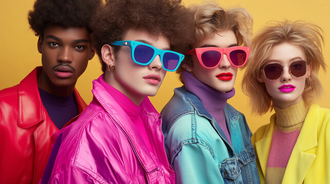 Retro 80s Fashion Revival: A Group of Stylish Men and Women in Vintage 1980s Attire with Iconic Accessories
