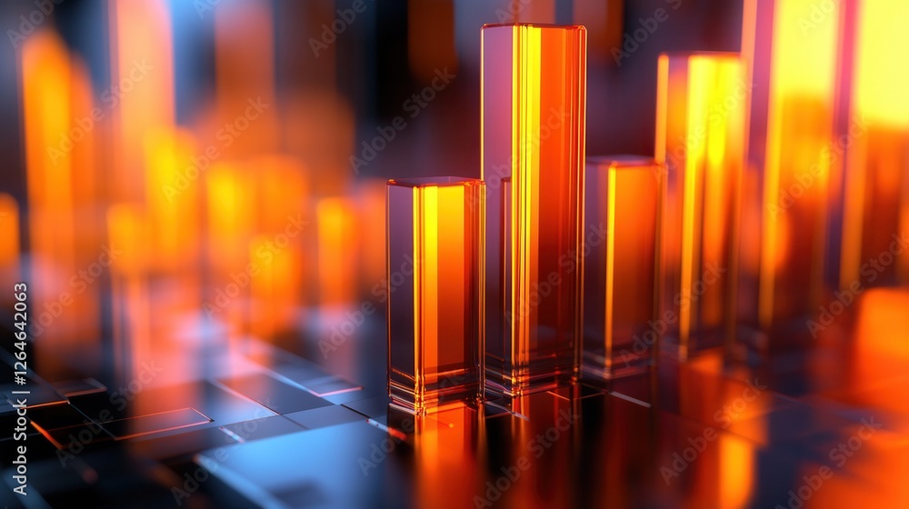 Poster dynamic polygonal bar graph, showcasing vibrant lighting and reflective surfaces, emphasizing data v