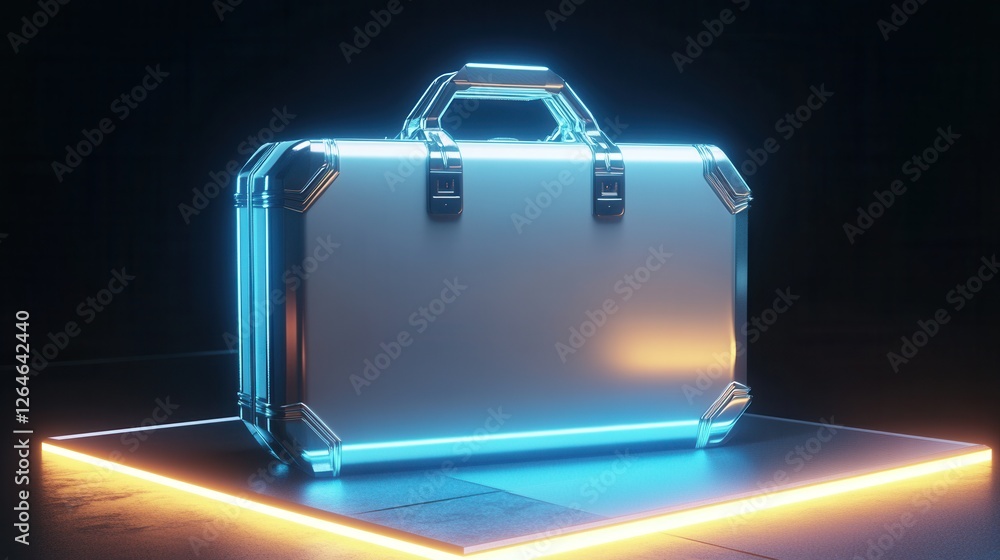 Poster polygonal briefcase on glowing platform, a striking geometric design highlighted by vibrant illumina
