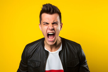 Young Man Expressing Intense Anger Against a Vibrant Background