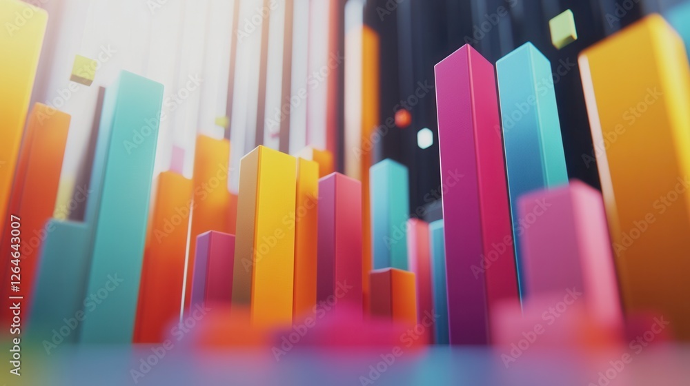 Poster colorful geometric bar chart in 3d, vibrant low-poly design, engaging visual representation of data,