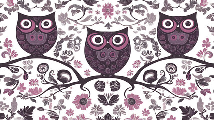 Whimsical Owls on Branch Amidst Floral Pattern Graphic Design in Soft Purples and Grays Artwork