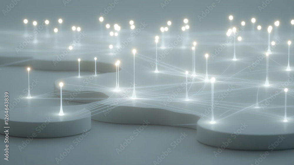 Poster glowing network connections, minimalistic design showcasing interconnected nodes with luminous lines