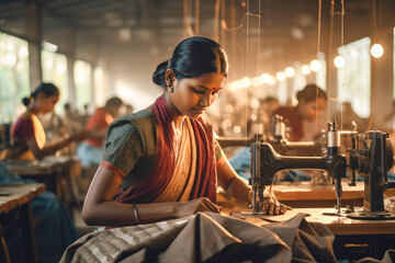 indian female group working on the sewing machine at textile factory