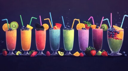 Colorful fruit smoothies, summer drinks, studio shot, dark background, menu design