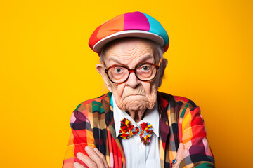Emotional Portrait of an Old Woman Against a Vibrant Background