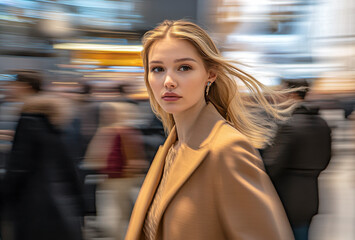 Fototapeta premium Modern gekleidete Frau geht durch eine Menschenmenge, Bewegungsunschärfe, Generative AI
