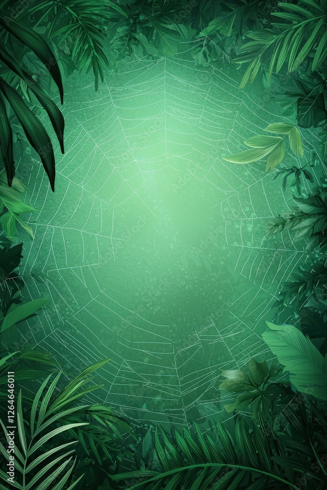 Poster a green background with a spider web in the middle. the spider web is surrounded by leaves and vines