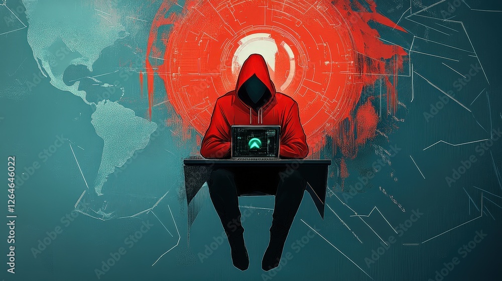Poster mysterious hacker in red hoodie surrounded by digital elements