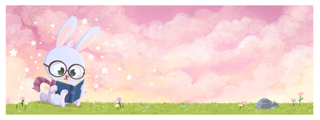 Rabbit with glasses sitting reading a book in the field