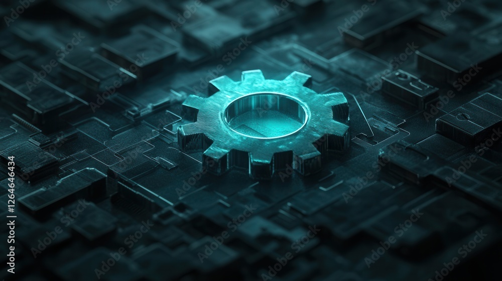 Poster glowing gear assembly on abstract grid, a minimalist design featuring softly illuminated mechanical 