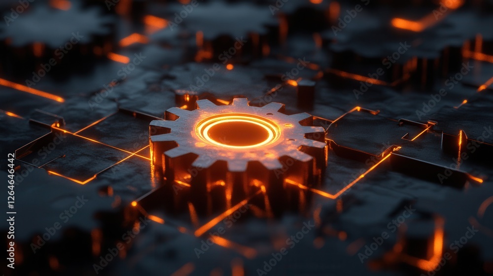 Aufkleber softly illuminated gear assembly on a dark abstract grid, showcasing intricate design and glowing el