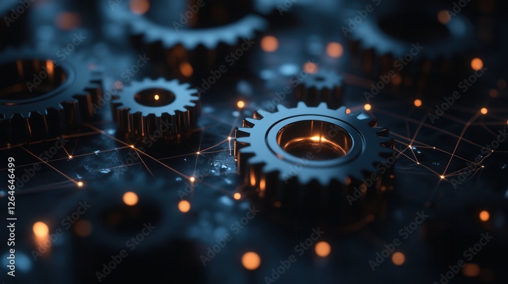 Poster softly illuminated gear assembly resting on an abstract dark grid, showcasing intricate design and s