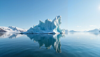 Iceberg reflecting on calm water against snow-capped mountains