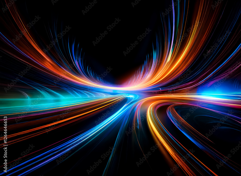 Poster vibrant light trails in shades of blue and orange streak across a dark background, creating an abstr