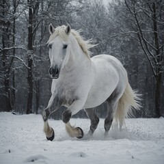 A white horse almost disappearing into the snowy surroundings, perfectly blended in.