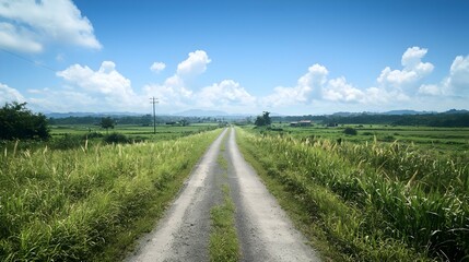 Obraz premium Summer Countryside Road: A Long Straight Dirt Path Through Green Fields Under a Bright Blue Sky