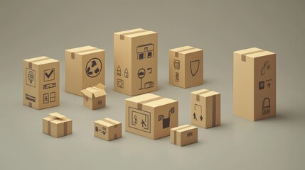 Fototapeta premium 80.A 3D vector rendering of a series of closed cardboard boxes with detailed symbols on them, such as fragile care, water protection, and handling instructions. The boxes are set against a neutral