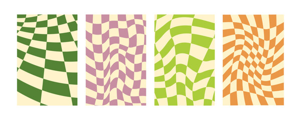 Groovy distorted checkered background set. Hand drawn groovy, hippie backgrounds. Distorted checker, warped streaks, fluid liquid wavy lines, doodle waves. Checkered rectangle templates collection.