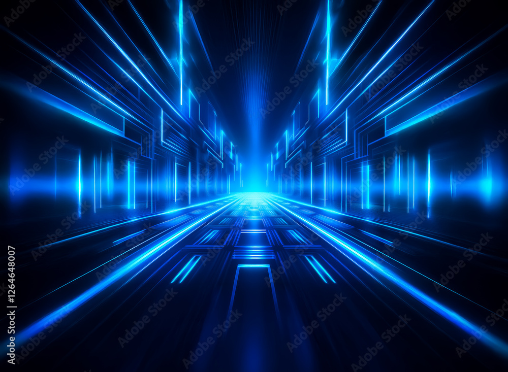 Poster abstract futuristic background with glowing blue lines converging into a central vanishing point, cr