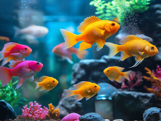 Fototapeta premium Vibrant Tropical Fish Tank Showcasing Water Filtration System – Crystal Clear Background for Aquarium Setup Focus