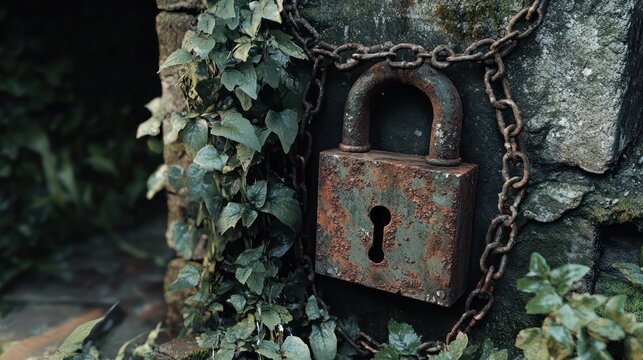 A close-up of a rusty lock on a chain surrounded by overgrown plants and weathered stone