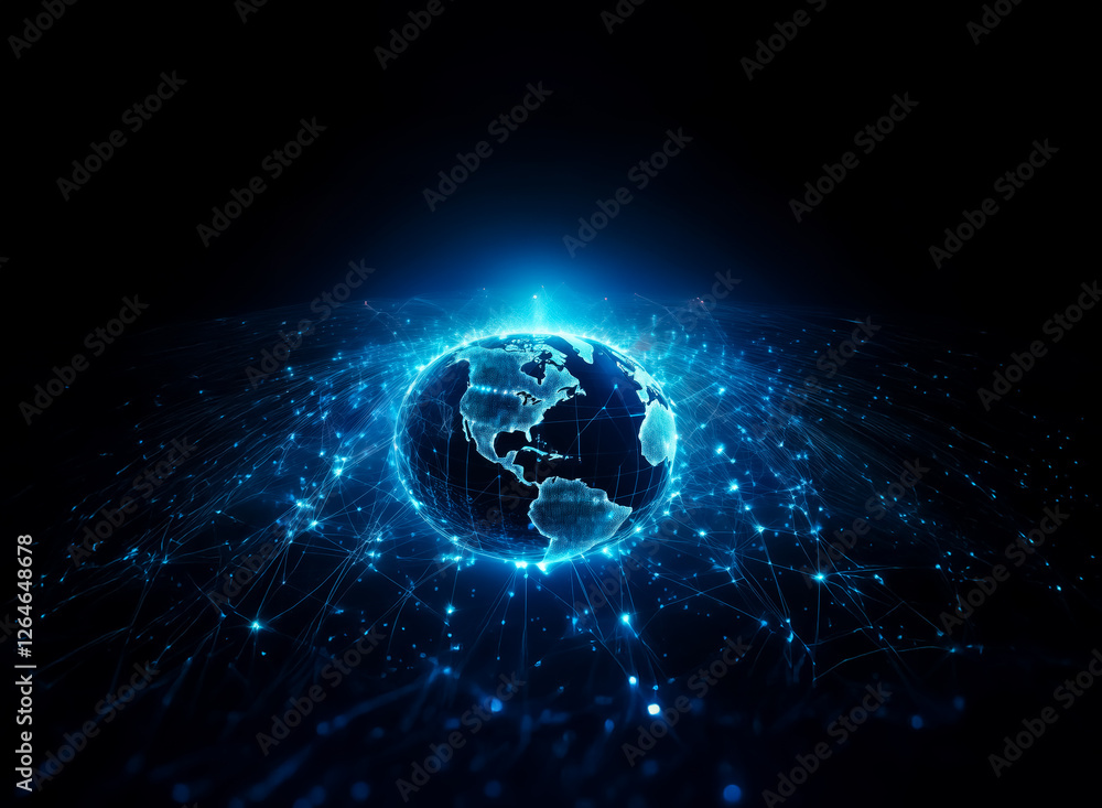 Poster illuminated blue digital globe centered against a dark backdrop, radiating network lines and glowing