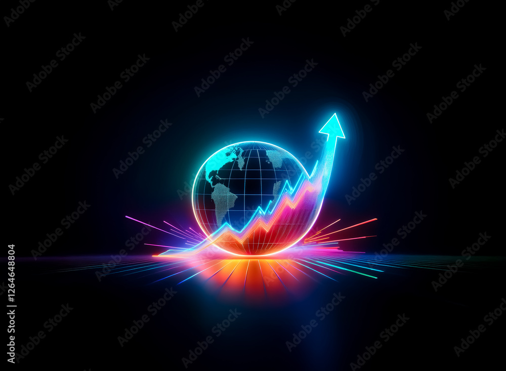 Aufkleber neon globe with a vibrant upward arrow symbolizes global growth and progress against a dark backdrop