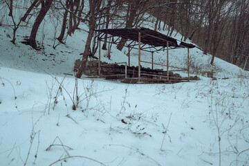 Gazebo, forest, mountains, winter, gazebo for relaxation in the mountains