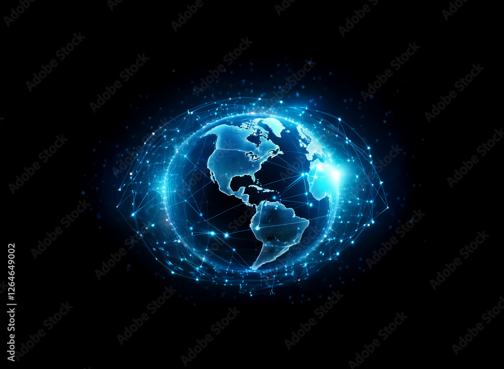 Poster glowing blue globe with network connections against a dark backdrop. the world is illuminated with d