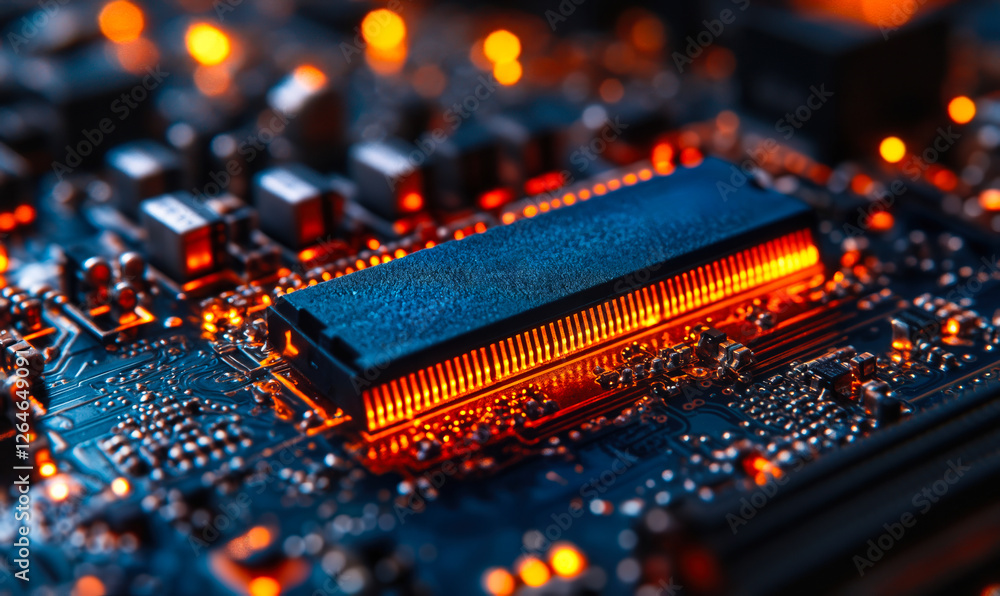 Poster close-up of high-performance gaming memory module on circuit board with warm illuminating lights hig