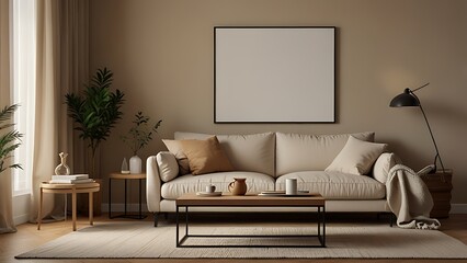 The stylish composition of living room interior with beige sofa with pillow, plaid, coffee table and personal accessories. beige wall with mock up poster. Home decor. Template. 
