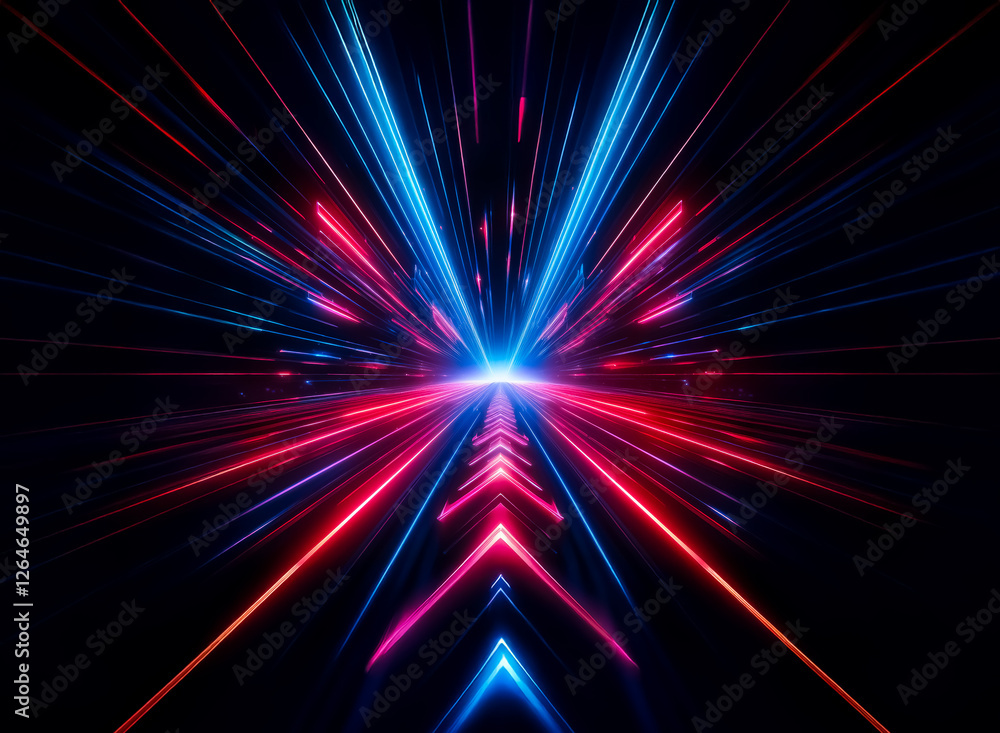 Poster an abstract design featuring vibrant blue and red light rays emanating from a central point against 