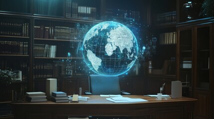 A digital holographic globe projection above a desk with corporate elements, symbolizing connectivity