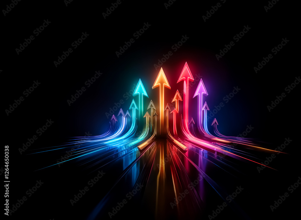 Poster vibrant colorful arrows ascend from a dark backdrop, creating a dynamic graphic illustration. the up