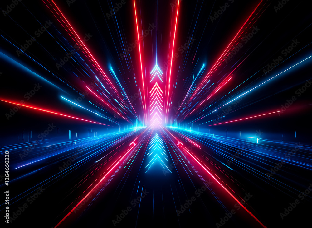 Poster vibrant streaks of red and blue light converge towards a central vanishing point, creating a dynamic