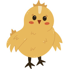 Lovely cartoon Easter chick character standing and smiling. Cute hand drawn baby chicken as symbol of traditional springtime holiday. Funny farm bird, poultry isolated on white background.