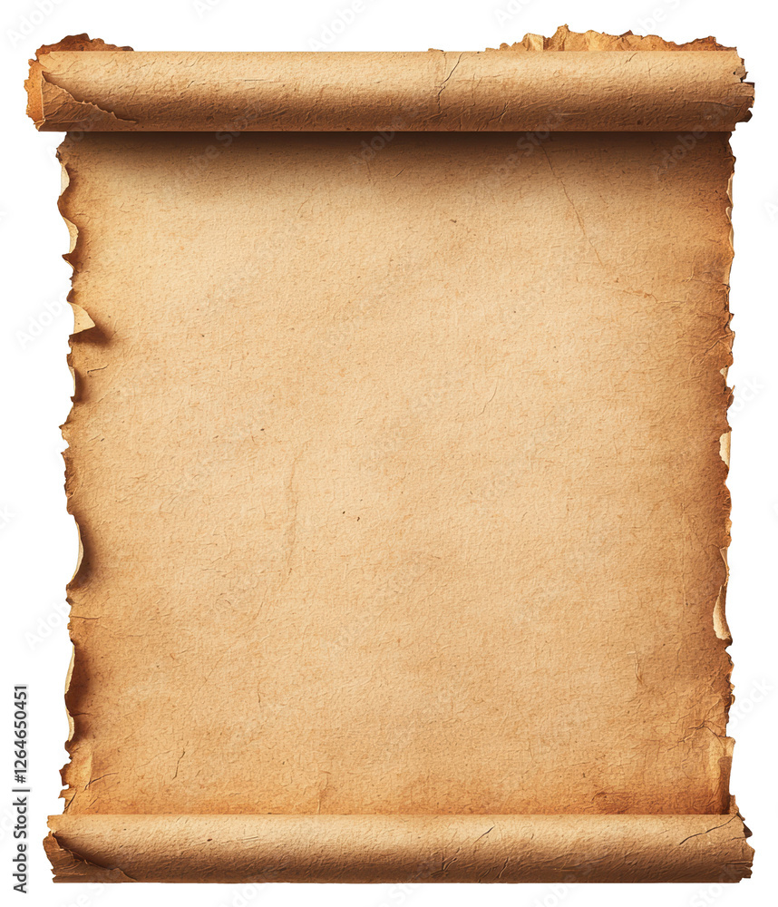 Poster aged scroll of parchment paper with rolled edges on transparent background