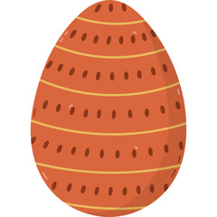 Lovely cartoon orange painted egg with horizontal stripes and dots pattern for Easter egg hunt. Trendy hand drawn clipart for celebrating springtime holiday . Doodle isolated on white background.