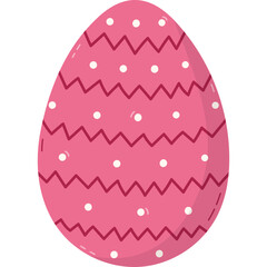 Lovely cartoon pink painted egg with zigzag horizontal lines and dots pattern for Easter egg hunt. Trendy hand drawn clipart for religious springtime holiday. Flat doodle isolated on white background.