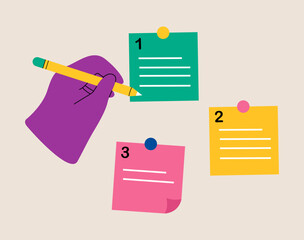 Hand holding pencil categorized notes. Sorting important or urgency tasks. Colorful vector illustration
