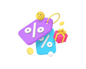 Shopping sale discount price tag with percentage and gift 3d icon realistic vector illustration. Shop store price off special offer Black Friday money savings commercial retail bargain