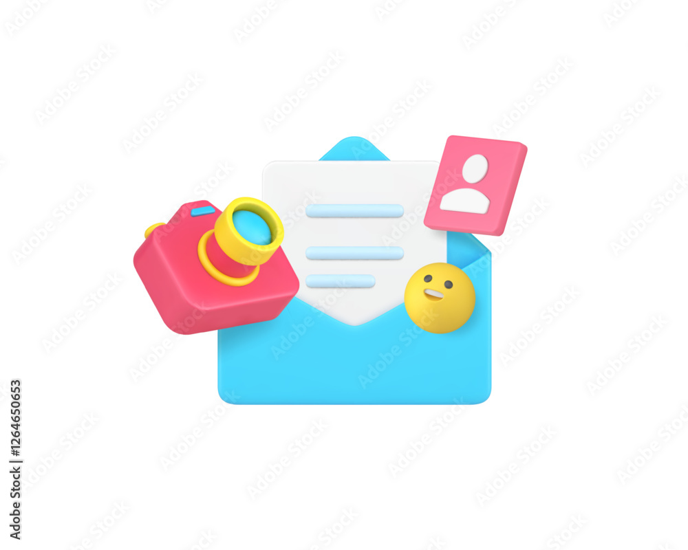 Poster media data image letter send message content management 3d icon realistic vector illustration. multi