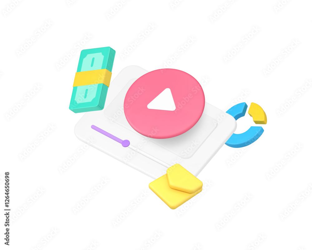 Poster blog vlog making money via internet video content advertising 3d icon realistic vector illustration.
