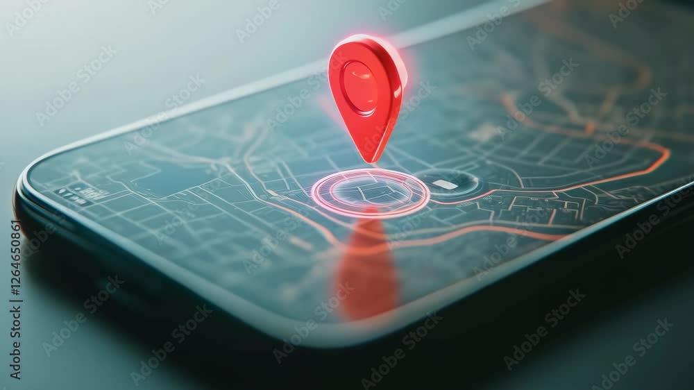 Poster Vibrant red location pin bouncing on smartphone map, highlighting precise gps tracking with digital animation revealing geographical positioning accuracy