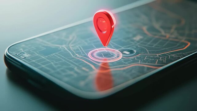 Vibrant red location pin bouncing on smartphone map, highlighting precise gps tracking with digital animation revealing geographical positioning accuracy