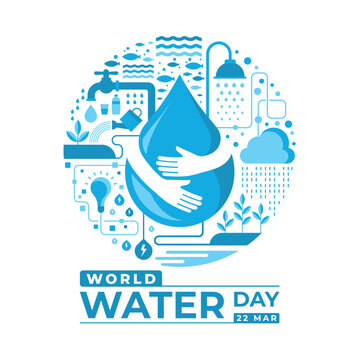 World water day - Hand hold hug drop water sign incircle shape with lines link to symbol about the topic of water vector design