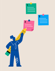 Woman holding pencil categorized notes. Sorting important or urgency tasks. Colorful vector illustration