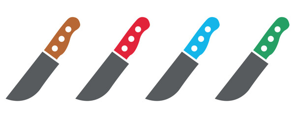Knife icon vector set, colorful knife icons vector set, kitchen knife in red, blue, brown and green colors isolated on white background.