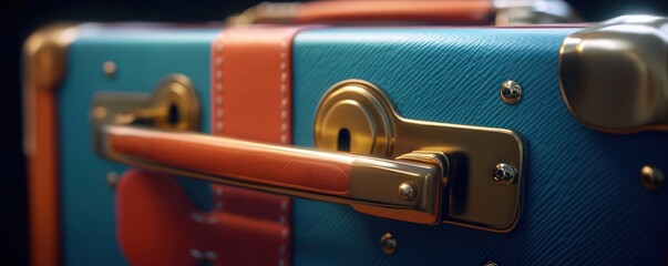 A shiny brass lock attached to a colorful suitcase handle illuminated by soft ambient light